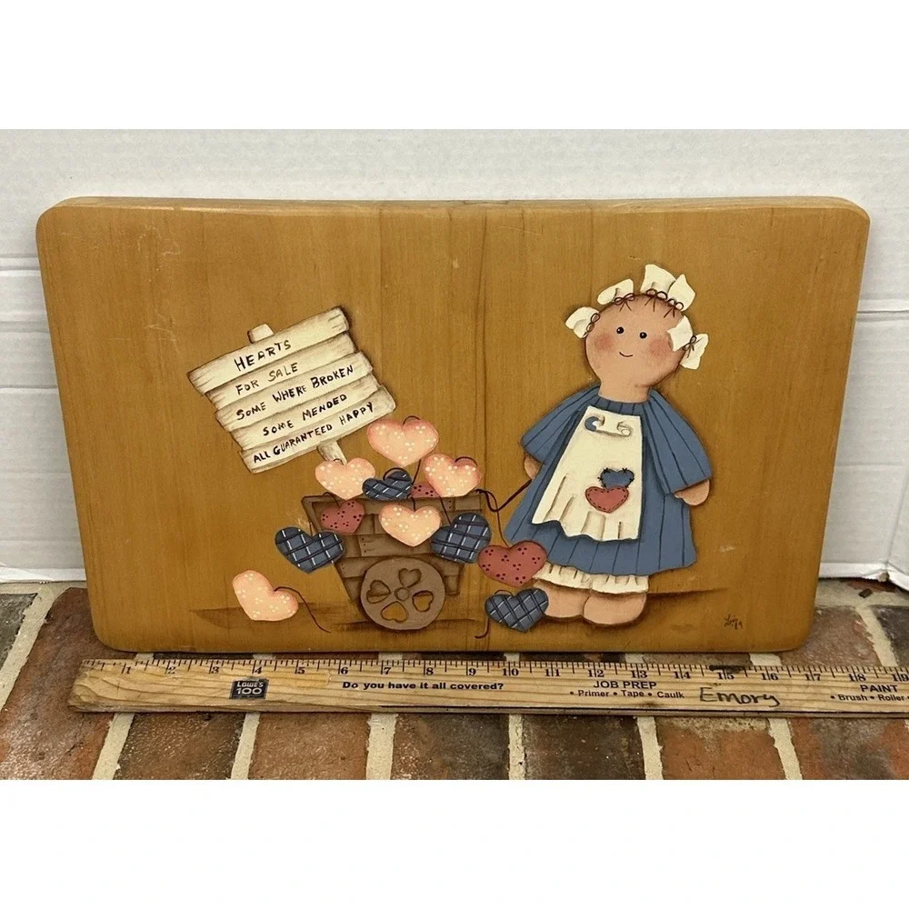 Vintage 80s Wooden Plaque Hand Painted Folk Art Country Girl Hearts Farmhouse